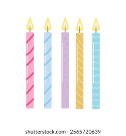 Birthday Candle vector set—four minimalist designs for cards, invitations, party decor, and DIY projects. Milestone events.