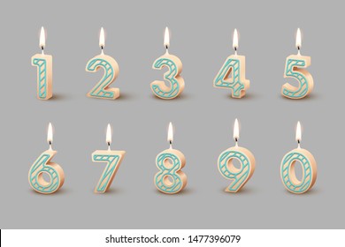 Birthday candles with burning flames isolated on gray background. Vector design elements