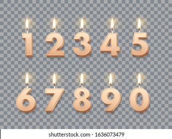 Birthday candles with burning flames isolated on transparent background. Vector design elements