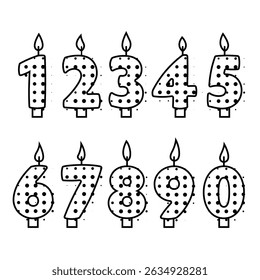 Birthday candles for cake. Black icon set of numbers with halftone effect for greeting cards, designs, anniversaries, celebrations, parties. Vector flat illustration isolated on a white background