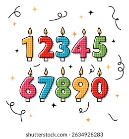 Birthday candles for cake. Icon set of numbers for greeting cards, festive designs, anniversaries, celebrations, decorations, surprise parties. Vector flat illustration isolated on a white background