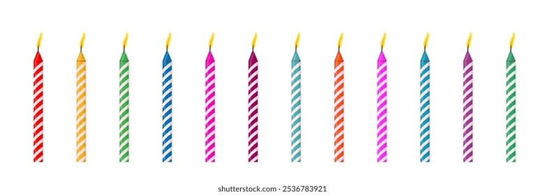 Birthday candles for cake. Isolated candles lights of different colors for anniversary cakes or cupcakes for happy celebration isolated on transparent background. Cartoon vector illustration set.