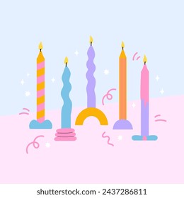 Birthday candles with candlesticks on a table. Holiday vector flat illustration. Set of cute colorful modern trendy burning candles