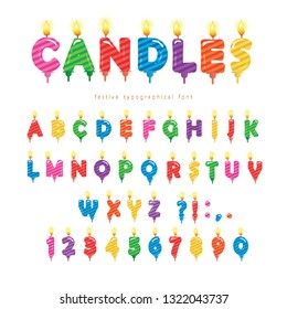 Birthday candles colorful font design. Bright festive ABC letters and numbers isolated on white. Vector svg