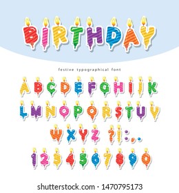 Birthday candles colorful font design. Cutout ABC letters and numbers isolated on white. Vector illustration