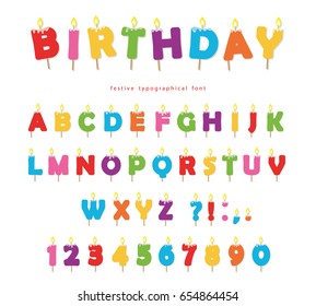 Birthday candles colorful font design. Bright festive ABC letters and numbers isolated on white. svg