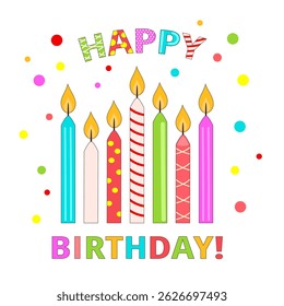 Birthday candles and confetti vector illustration, greeting card, decorative elements on white background.