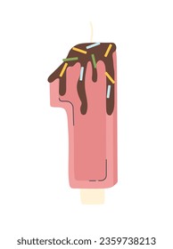 Las velas de cumpleaños de concepto diferente. Objeto de cera rosa en el acristalamiento de chocolate. Decoración para las vacaciones. Afiche o cartel para el sitio web. Dibujo vectorial plano de dibujos animados aislado en fondo blanco