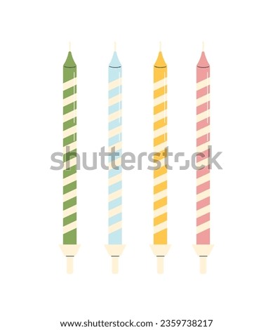 Birthday candles of different form concept. Red, green, blue and yellow wax objects. Sticker for social networks and messengers. Cartoon flat vector illustration isolated on white background