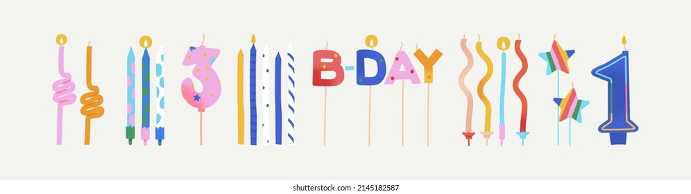Birthday candles in different shapes collection. Wax figures with colorful stripes, dots, waves, zig zag pattern. Set of cake decoration with age numbers, text, firework, star, hearts. Trendy vector svg