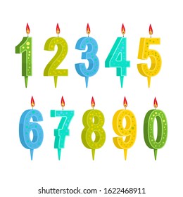 Birthday candles. Elements for decorating cakes, pies. Colorful vector illustration in flat style.