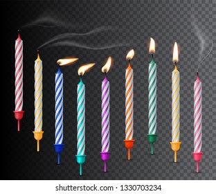 Birthday candles and fire ans smoke realistic vector color illustration transparent background  Festive backdrop for design   text  Holiday banner  poster  greeting card  invitation background