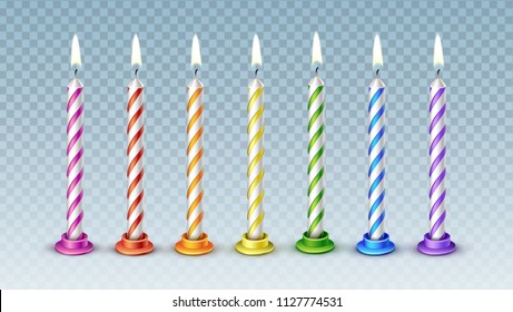 Birthday Candles Flame Fire Light  multicolored pink orange purple blue red green burning for birthday cake realistic vector illustration isolated on transparent background