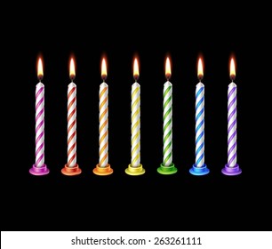 Birthday Candles Flame Fire Light Isolated on Background. Realistic Vector Illustration Multicolored Pink Orange Purple Blue Red Green 