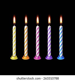 Birthday Candles Flame Fire Light Isolated on Background. Realistic Vector Illustration Multicolored Pink Orange Purple Blue Red Green 