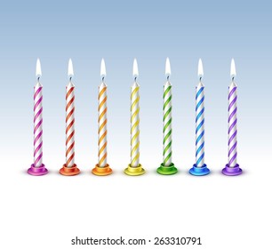 Birthday Candles Flame Fire Light Isolated on Background. Realistic Vector Illustration Multicolored Pink Orange Purple Blue Red Green 