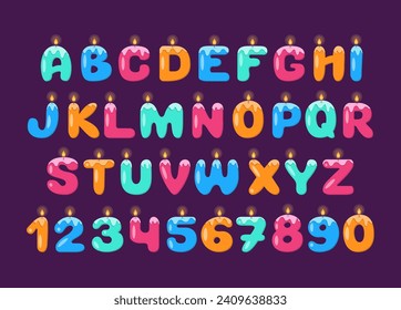 Birthday Candles Font. Cute Kids Party Alphabet. Children Funny Abc Typography Letters and Numbers. 