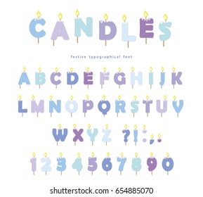 Birthday candles font design. ABC letters and numbers in pastel blue isolated on white.