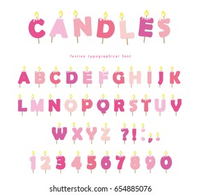 Birthday candles font design. ABC letters and numbers in pastel pink isolated on white. svg