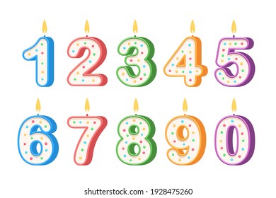 Birthday candles in the form of numbers. Template set of symbols for invitation to the anniversary. Vector flat design isolated on white background