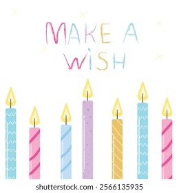 Birthday candles with hand lettering "Make a Wish" vector. Birthday candle set, party, decorative elements for cards, postcards. 