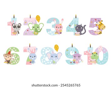 birthday candles, happy birthday, illustration with animals, gifts, cake