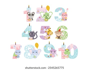 birthday candles, happy birthday, illustration with animals, gifts, cake