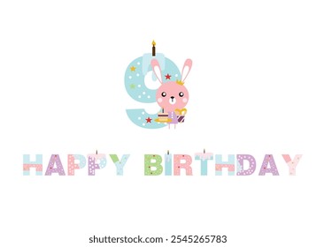 birthday candles, happy birthday, illustration with animals, gifts, cake