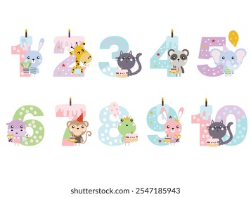 birthday candles, happy birthday, illustration with animals, gifts, cake