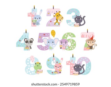 birthday candles, happy birthday, illustration with animals, gifts, cake