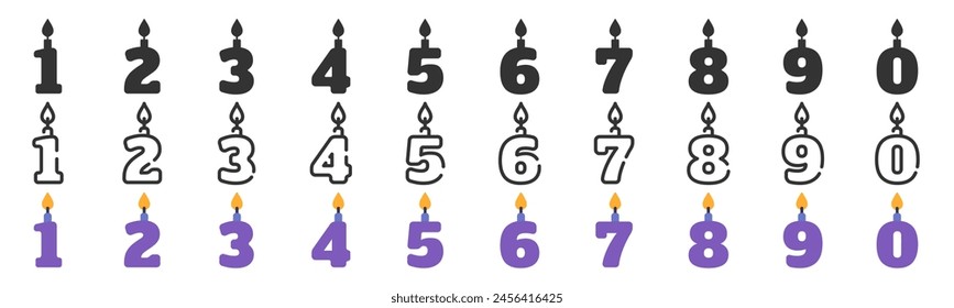 Birthday candles icon set. Anniversary numbers collection