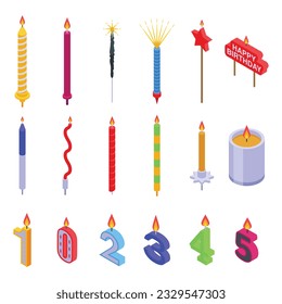 Birthday candles icons set isometric vector. Number year. Age party