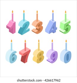 Birthday candles isometric set. 3D festive accessories. collection of figures for holiday and birthday anniversary