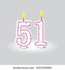 Birthday Candles Number 51 Vector. Celebration numeral with flames. Anniversary decoration.