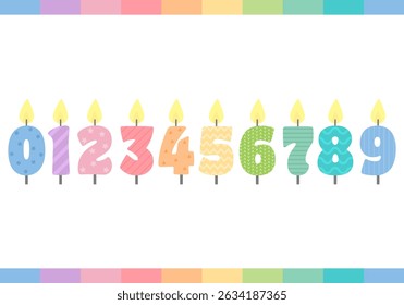 Birthday candles number. Different color birthday candles with burning flames. Vector design. Festive illustration collection of bright Birthday Cake Candle Numbers