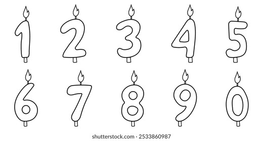 Birthday candles numbers cute outline doodle style, hand drawn. Set greeting numeral party decorations with flame. 