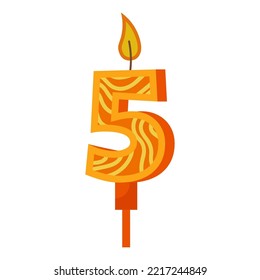 Birthday Kerzen mit Nummer fünf und Feuer. Farbige Ikone zum Jubiläum oder Feiern. FeiertagsKerzenlicht mit Wachs und lustiger Cartoon-Kerze zum Kuchen. Vektorgrafik