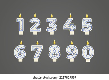 Números de velas de cumpleaños para la decoración de pasteles de vacaciones. Contorno a números de velas azules quemándose aislados en fondo gris. Elementos decorativos de la fiesta de aniversario. Un simple vector realista.