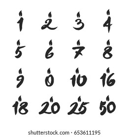 Birthday candles numbers set. Hand written calligraphy numbers. Black on white background. Clipping paths included.