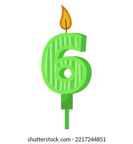 Birthday candles with numbers six and fire. Colored icon for anniversary or party celebration. Holiday candlelight with wax and funny cartoon candle for cake. Vector illustration