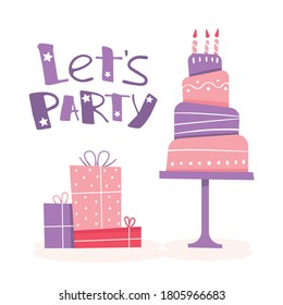 Birthday with candles and presents. Illustration in cartoon style. Greeting card for birthday