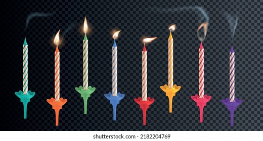 Birthday candles realistic set with transparent background and similar isolated candles for cakes of different color vector illustration