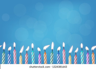 Birthday candles realistic vector color illustration. Festive backdrop for design and text. 3d cake candles with bokeh lights. Holiday banner, poster, greeting card, invitation background idea