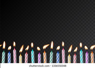 Birthday candles realistic vector color illustration. Festive backdrop for design and text. 3d cake candles. Holiday banner, poster, greeting card, invitation background idea