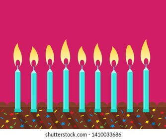 birthday candles row on the cake, chocolate icing, birthday template 