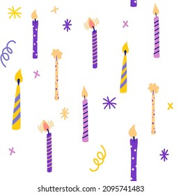 Birthday candles seamless pattern. Presents and gifts festive wrapping paper. Celebration, greeting postcard backdrop. Colorful candles. Vector cartoon illustration