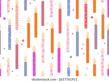 Birthday candles seamless pattern. Presents and gifts festive wrapping paper. Celebration, greeting postcard backdrop. Colorful candles