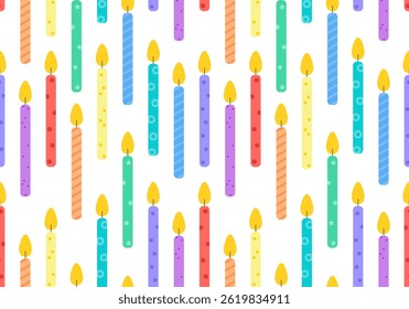 Birthday candles seamless pattern. Presents and gifts festive wrapping paper. Celebration, greeting postcard backdrop. Colorful candles	
