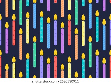 Birthday candles seamless pattern. Presents and gifts festive wrapping paper. Celebration, greeting postcard backdrop. Colorful candles	
