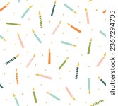 Birthday candles seamless pattern surface design. Vector birth party print, colorful birthday celebration repeat background, wallpaper, textile, fabric, cloth, package, wrap paper. Polka dot ornament.